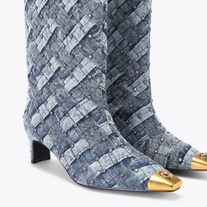 Kurt Geiger Blue Woven Denim Boots with Gold Toe